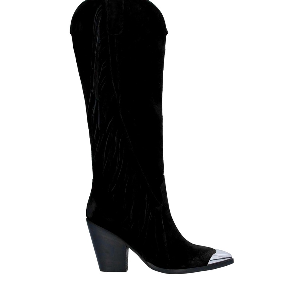 FREE PEOPLE Black Suede Boots Fringe Western Festival Silver Toe Tips Caps 40 10 - Picture 12 of 12